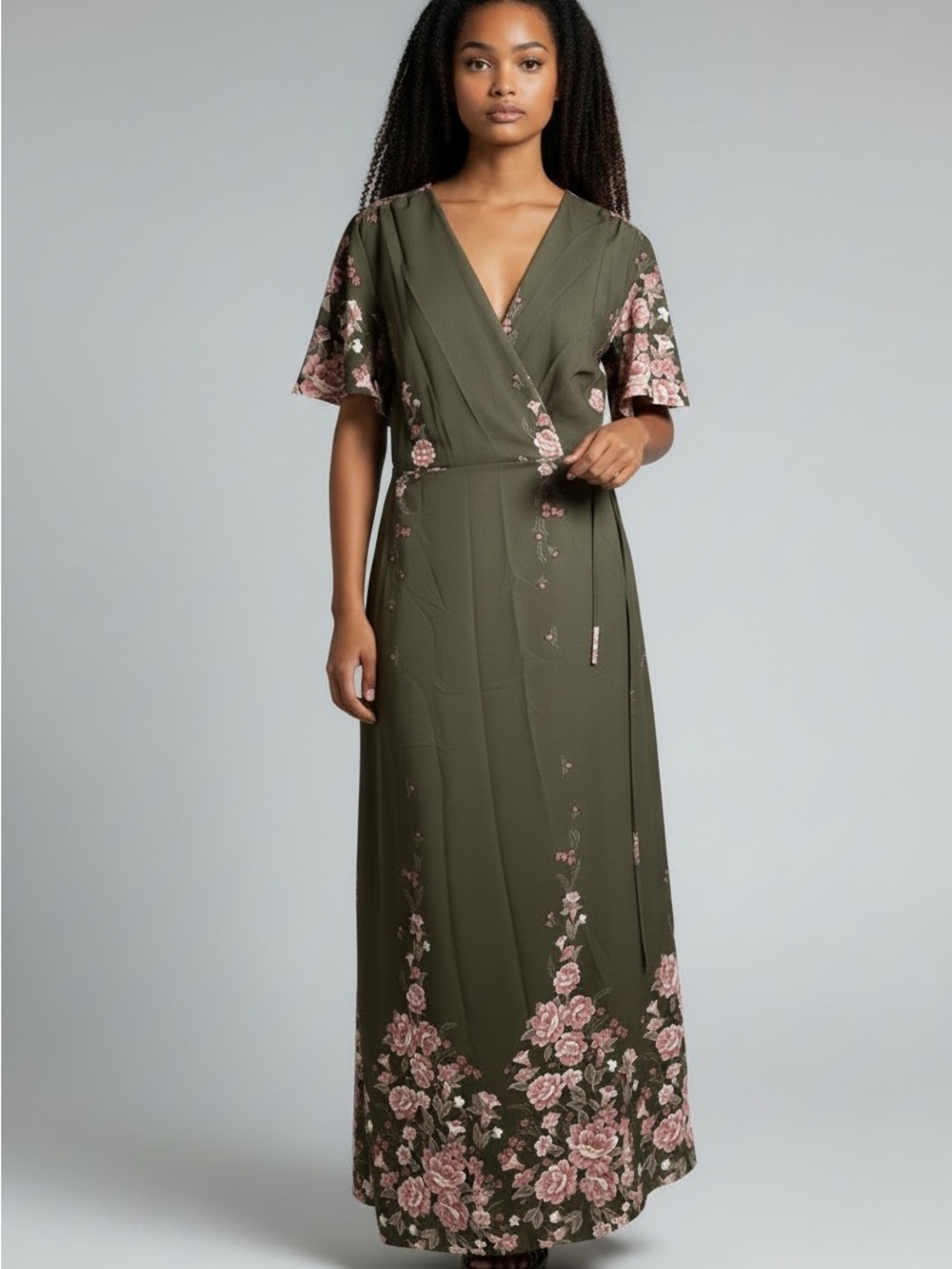 Emory Park Wrap Maxi Olive/ Pink Floral Small/ Medium Boutique